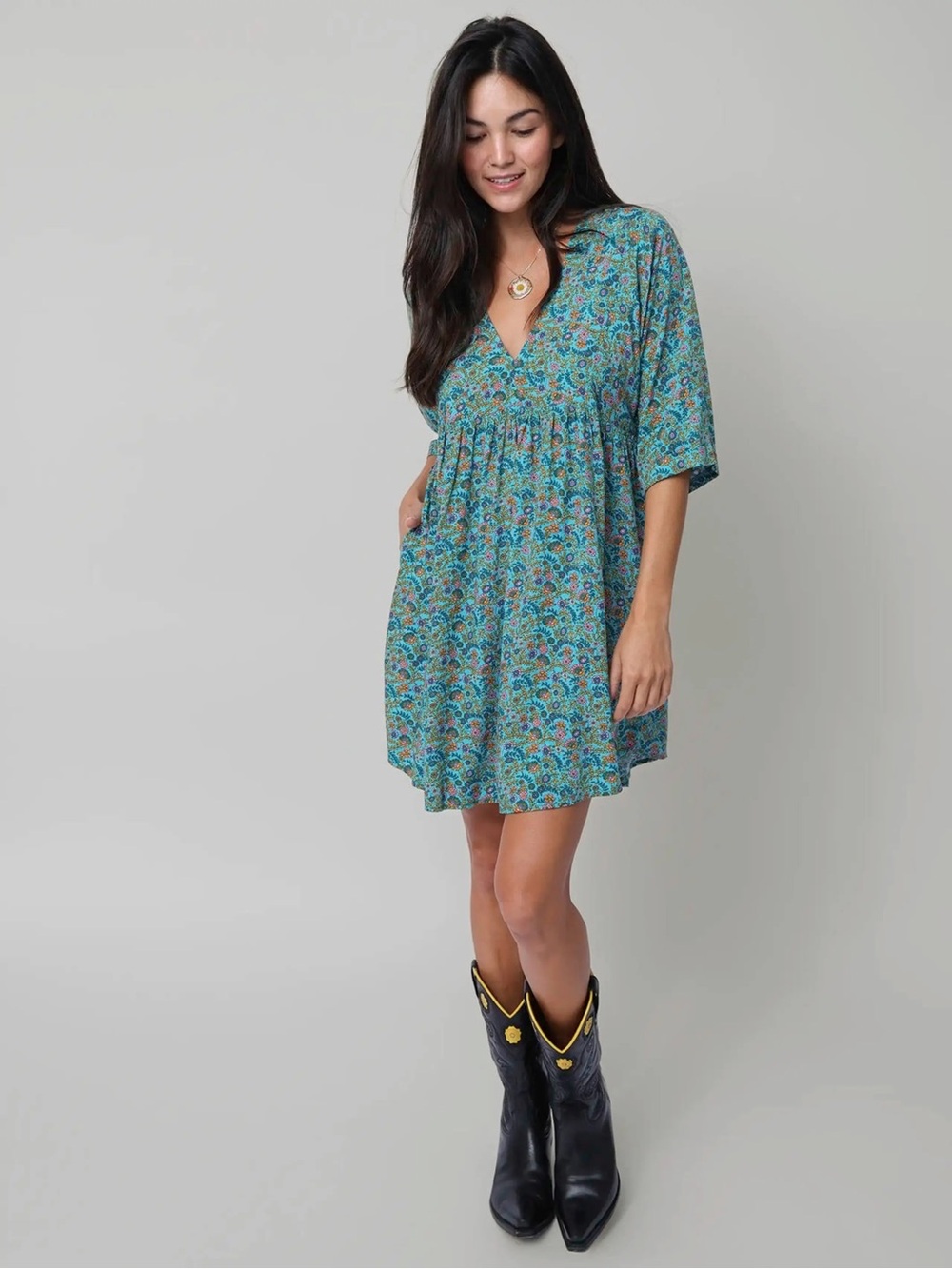 Natural Life Stella V-Neck Dress - Turquoise Ditsy Vines NWT M